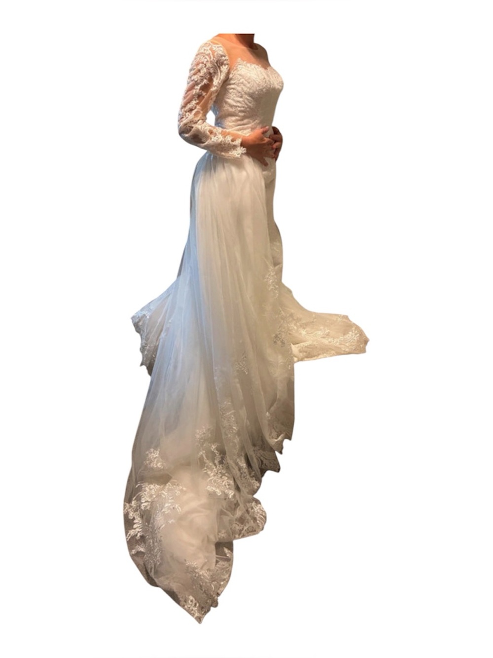 White/Ivory Lace Long-Sleeve Bridal Gown Detachable Train